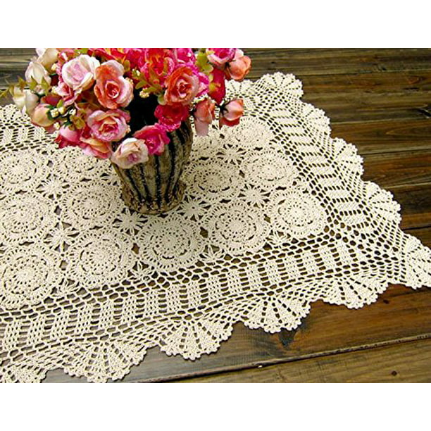 Beige Vintage Lace Table Runner Hand Crochet Dresser Scarf Oval Doily 19"x39" 